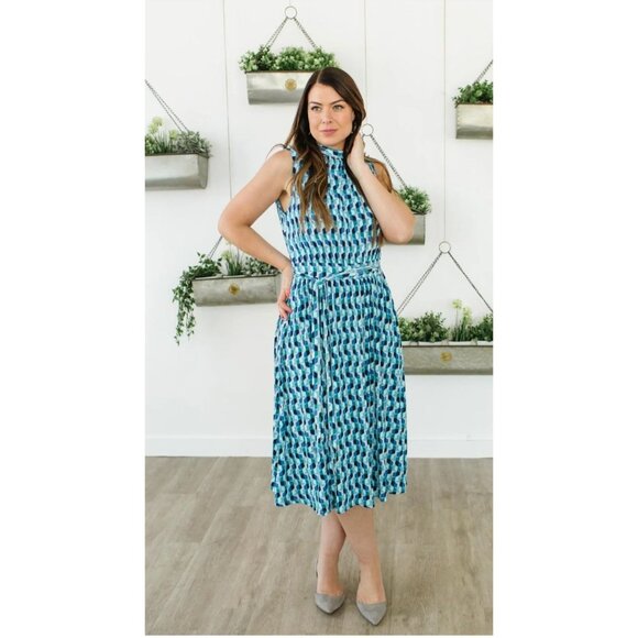 Leota Mindy Shirred Midi Dress Women's Size Medium Elegant High Neckline Sleevel - Picture 2 of 5